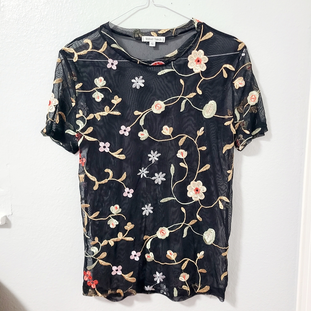 Velvet Torch Black Floral Mesh Top